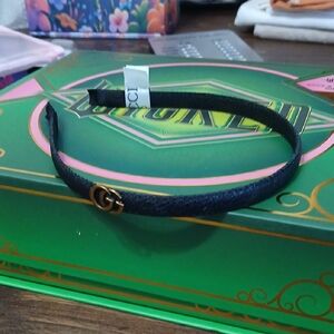 Fashion Inspired  Black Leather Headband with Gold Logo